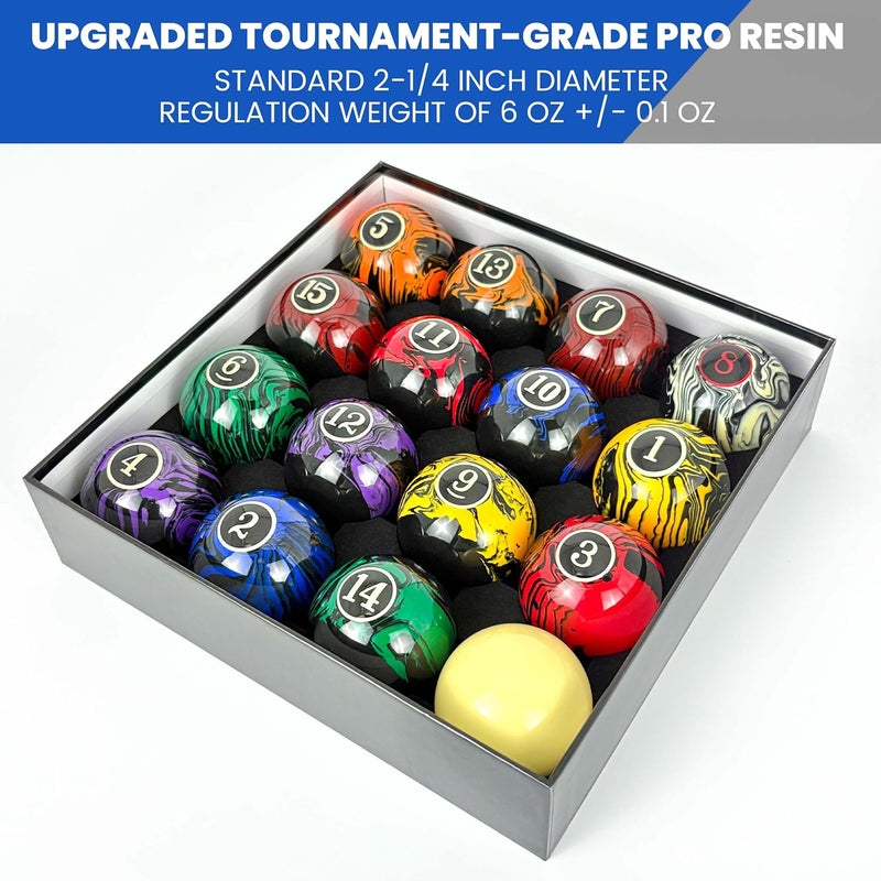 JOLORLY Billiard Balls AAA-Grade, Complete Set of 16 Pool Balls, 2-1/4" Regulation Size and Weight Professional Tournament Pool Table Balls (Dark Marble Swirl) - Image 3